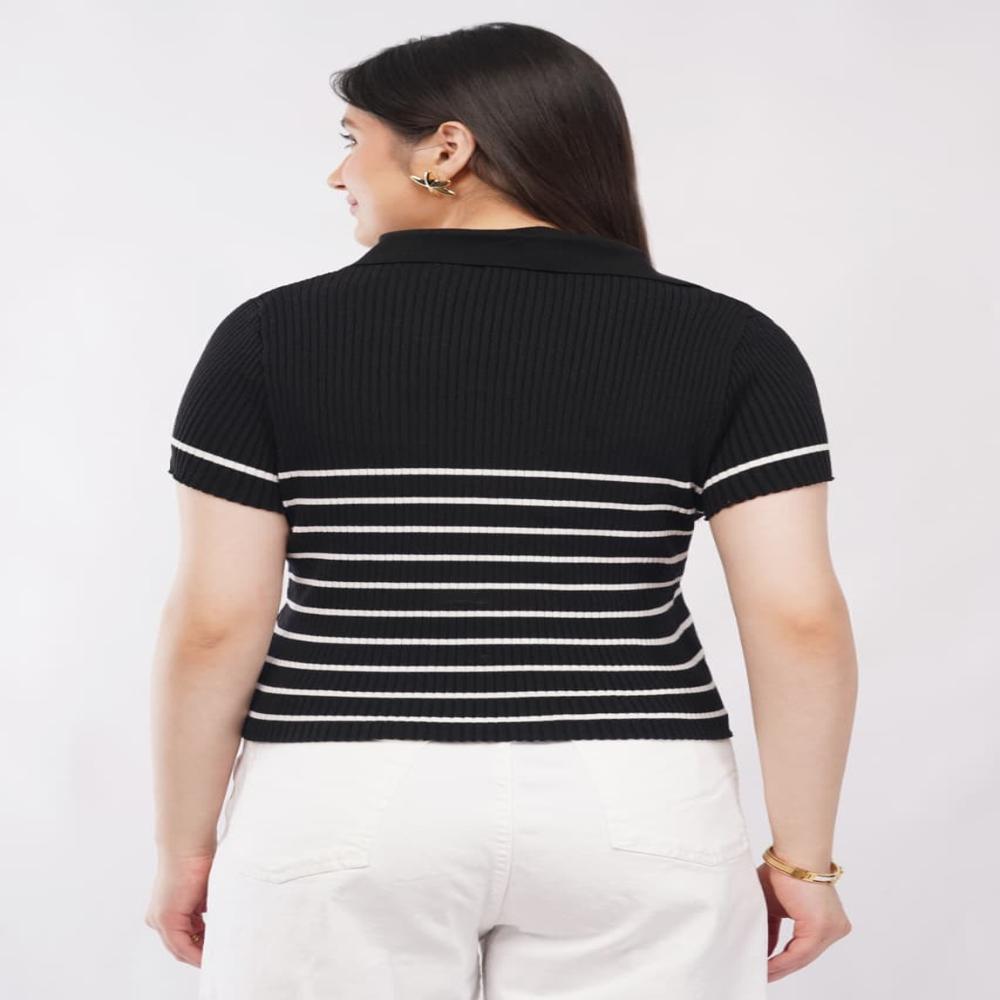 Ladies Striped Ribbed Knit Polo Top - Stylish Button Front Women Casul Top