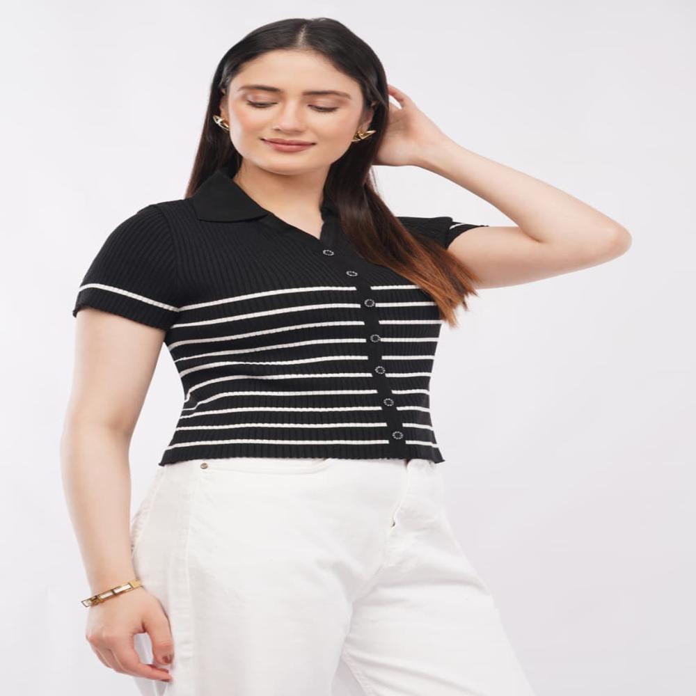 Ladies Striped Ribbed Knit Polo Top - Stylish Button Front Women Casul Top
