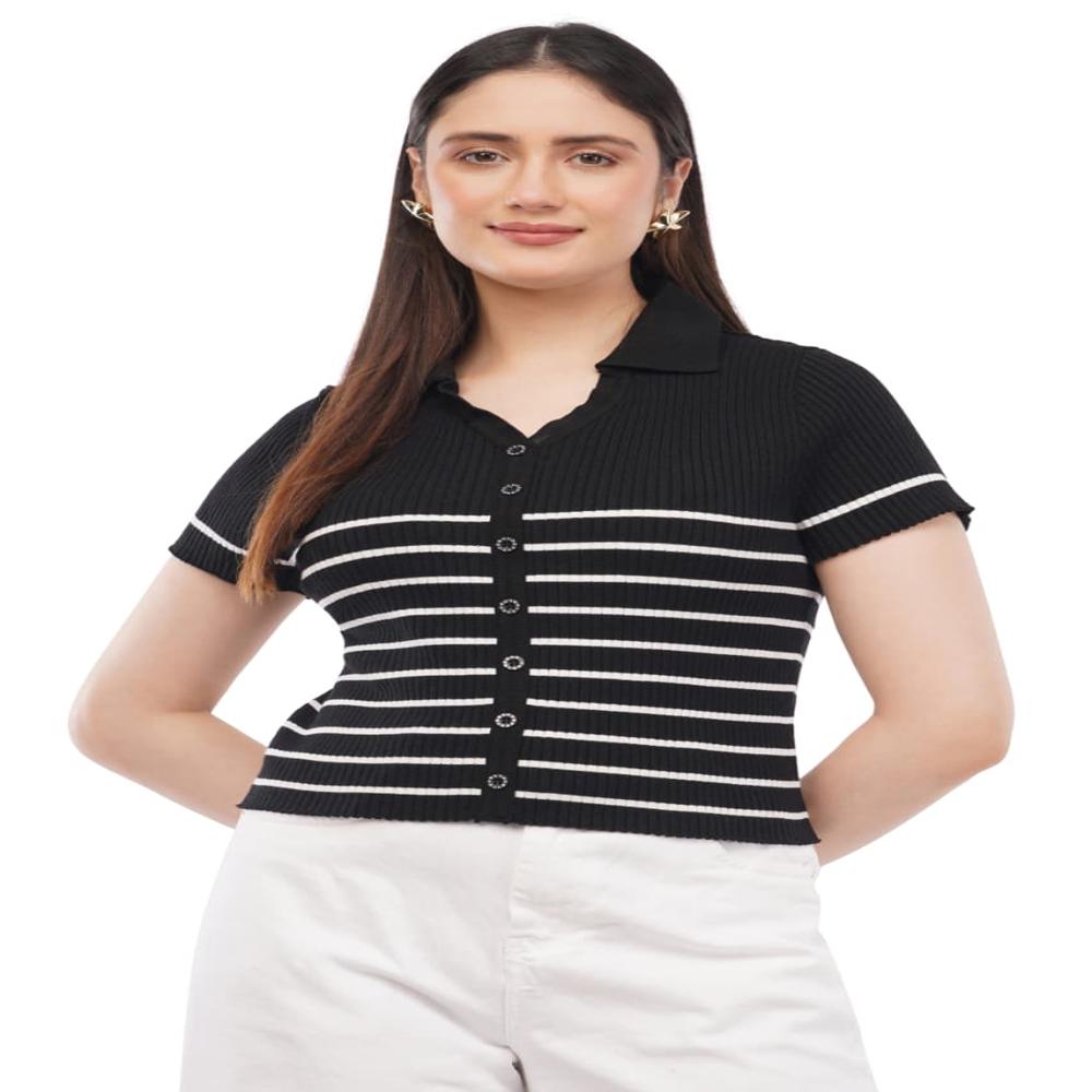 Ladies Striped Ribbed Knit Polo Top - Stylish Button Front Women Casul Top