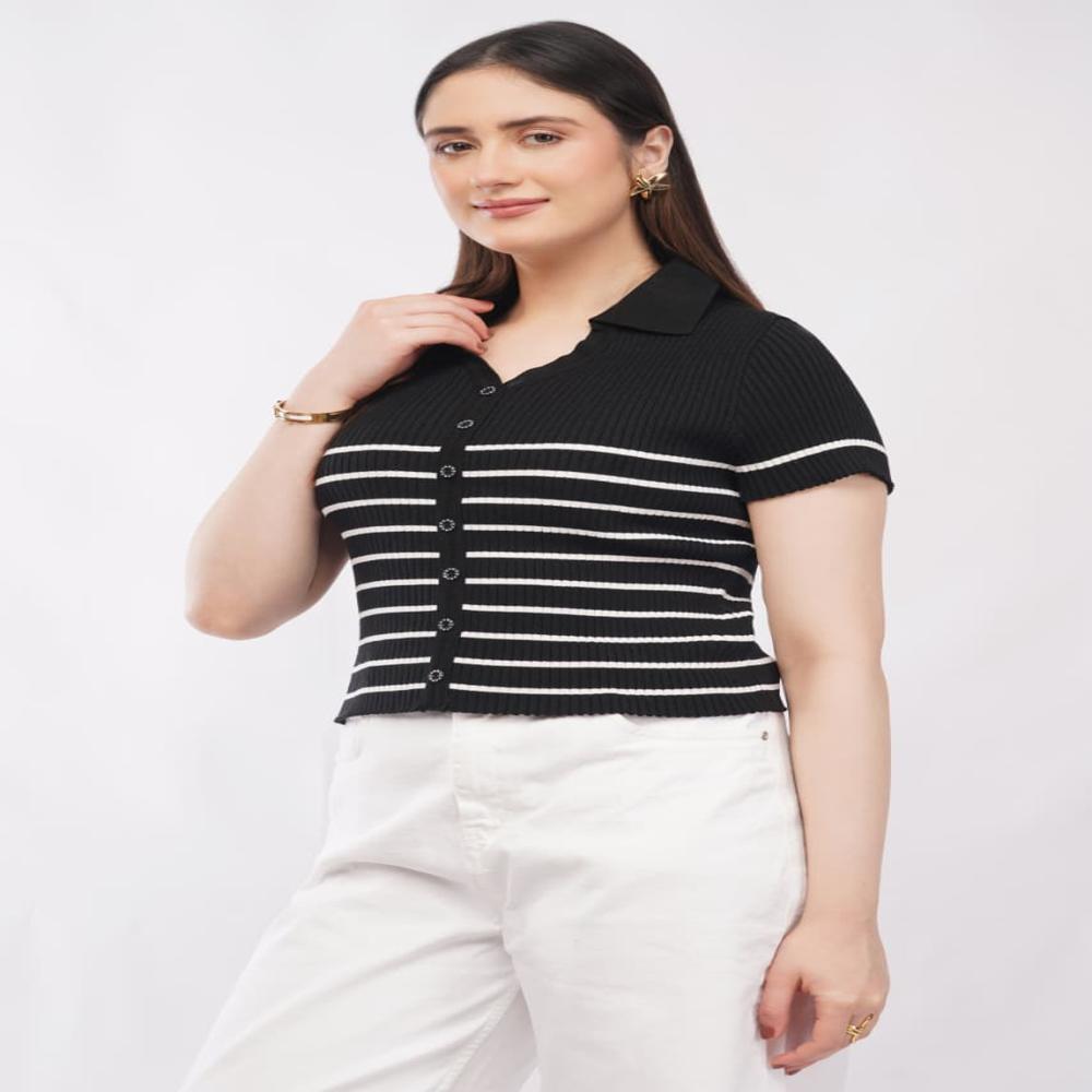 Ladies Striped Ribbed Knit Polo Top - Stylish Button Front Women Casul Top