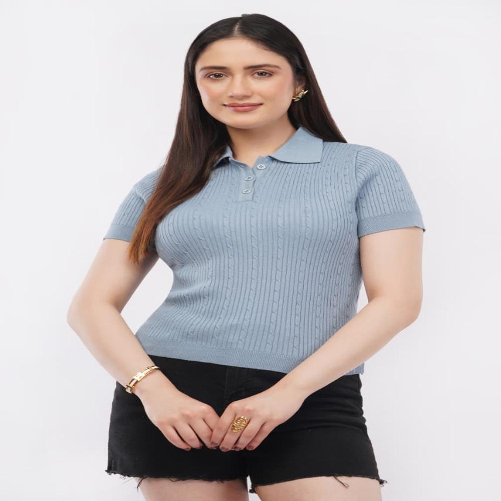 Ladies Ribbed Knit Polo Top - Stylish Short Sleeve Women Casual Fashion Top