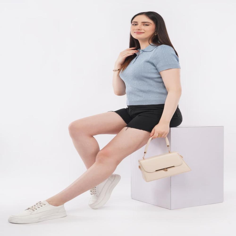 Ladies Ribbed Knit Polo Top - Stylish Short Sleeve Women Casual Fashion Top