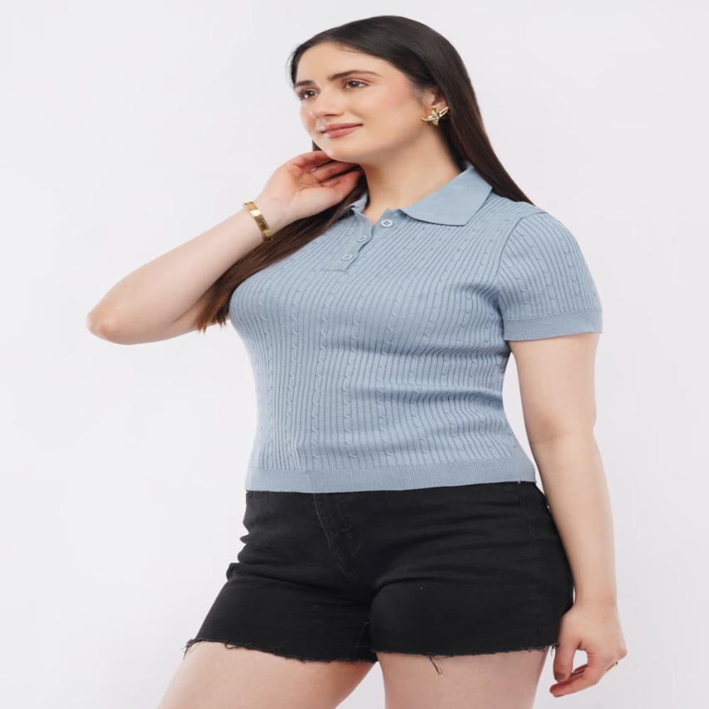 Ladies Ribbed Knit Polo Top - Stylish Short Sleeve Women Casual Fashion Top