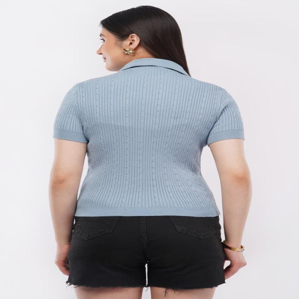 Ladies Ribbed Knit Polo Top - Stylish Short Sleeve Women Casual Fashion Top