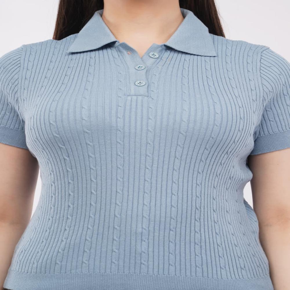Ladies Ribbed Knit Polo Top - Stylish Short Sleeve Women Casual Fashion Top