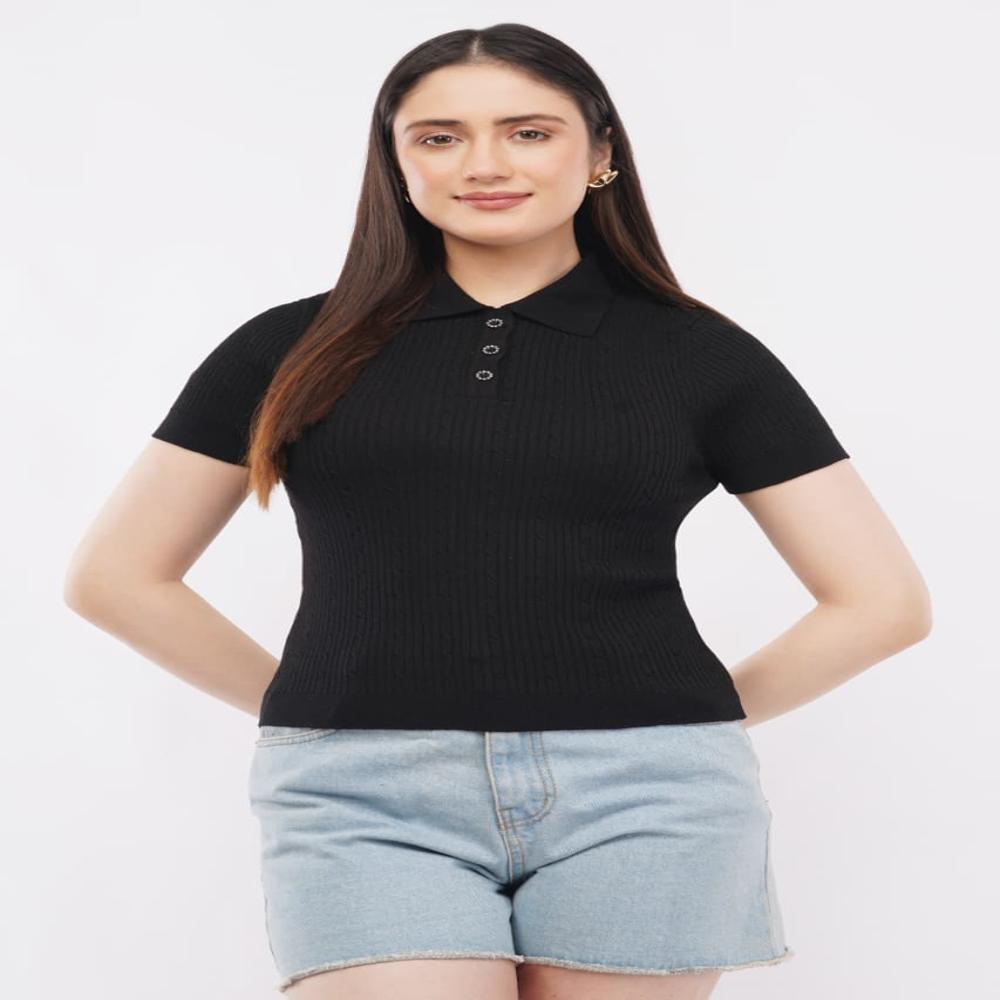 Ladies Solid Ribbed Knit Polo Top - Stylish Short Sleeve Women Casual Top
