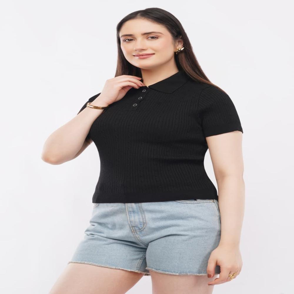 Ladies Solid Ribbed Knit Polo Top - Stylish Short Sleeve Women Casual Top