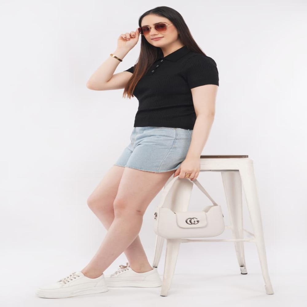 Ladies Solid Ribbed Knit Polo Top - Stylish Short Sleeve Women Casual Top