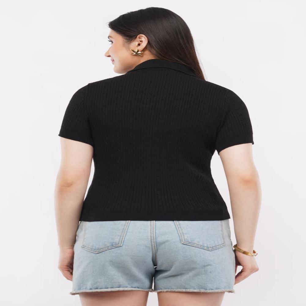 Ladies Solid Ribbed Knit Polo Top - Stylish Short Sleeve Women Casual Top