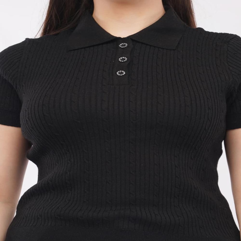 Ladies Solid Ribbed Knit Polo Top - Stylish Short Sleeve Women Casual Top