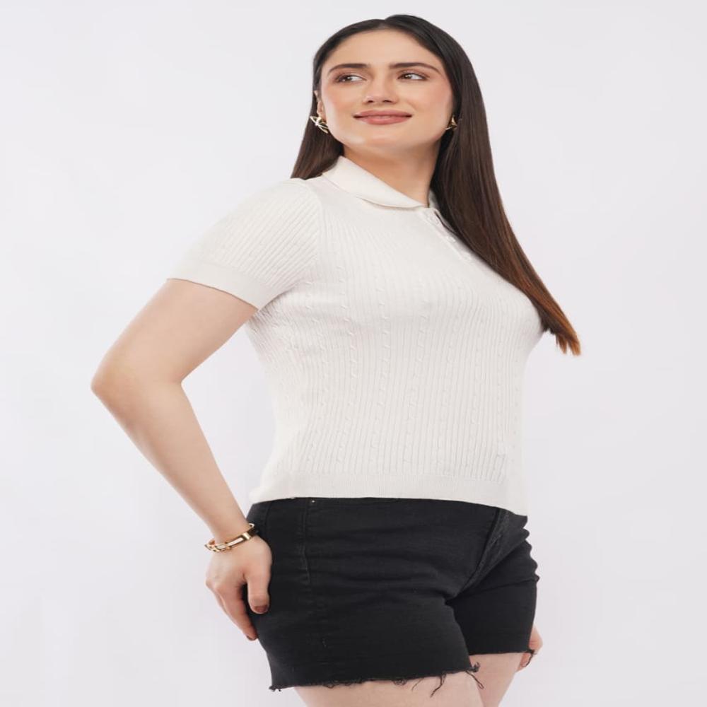 Ladies Solid Ribbed Knit Polo Top - Stylish Short Sleeve Women Casual Top