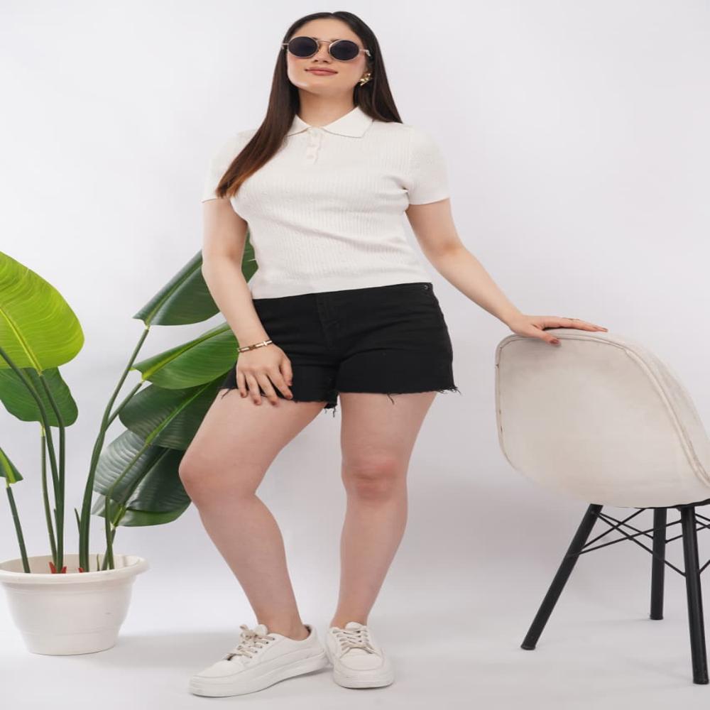 Ladies Solid Ribbed Knit Polo Top - Stylish Short Sleeve Women Casual Top