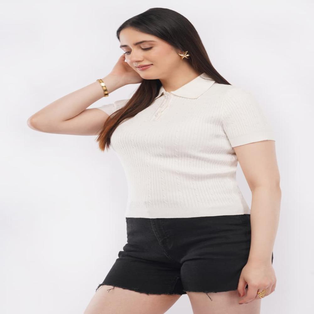 Ladies Solid Ribbed Knit Polo Top - Stylish Short Sleeve Women Casual Top