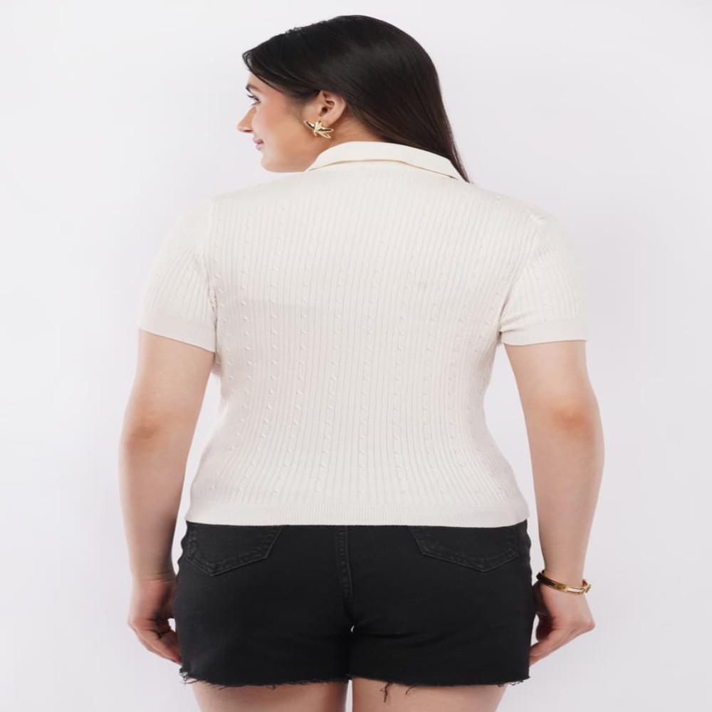 Ladies Solid Ribbed Knit Polo Top - Stylish Short Sleeve Women Casual Top