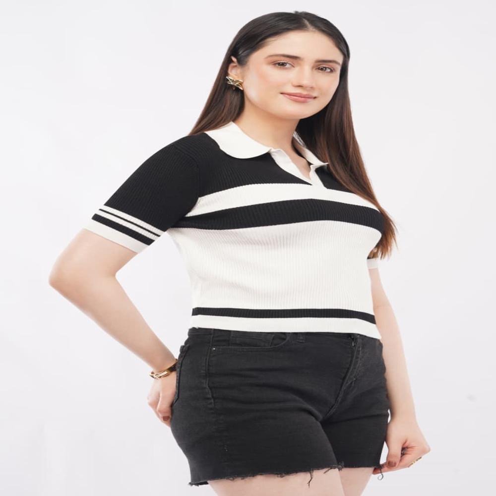 Ladies Striped Ribbed Knit Polo Top - Stylish Short Sleeve Women Casual  Top