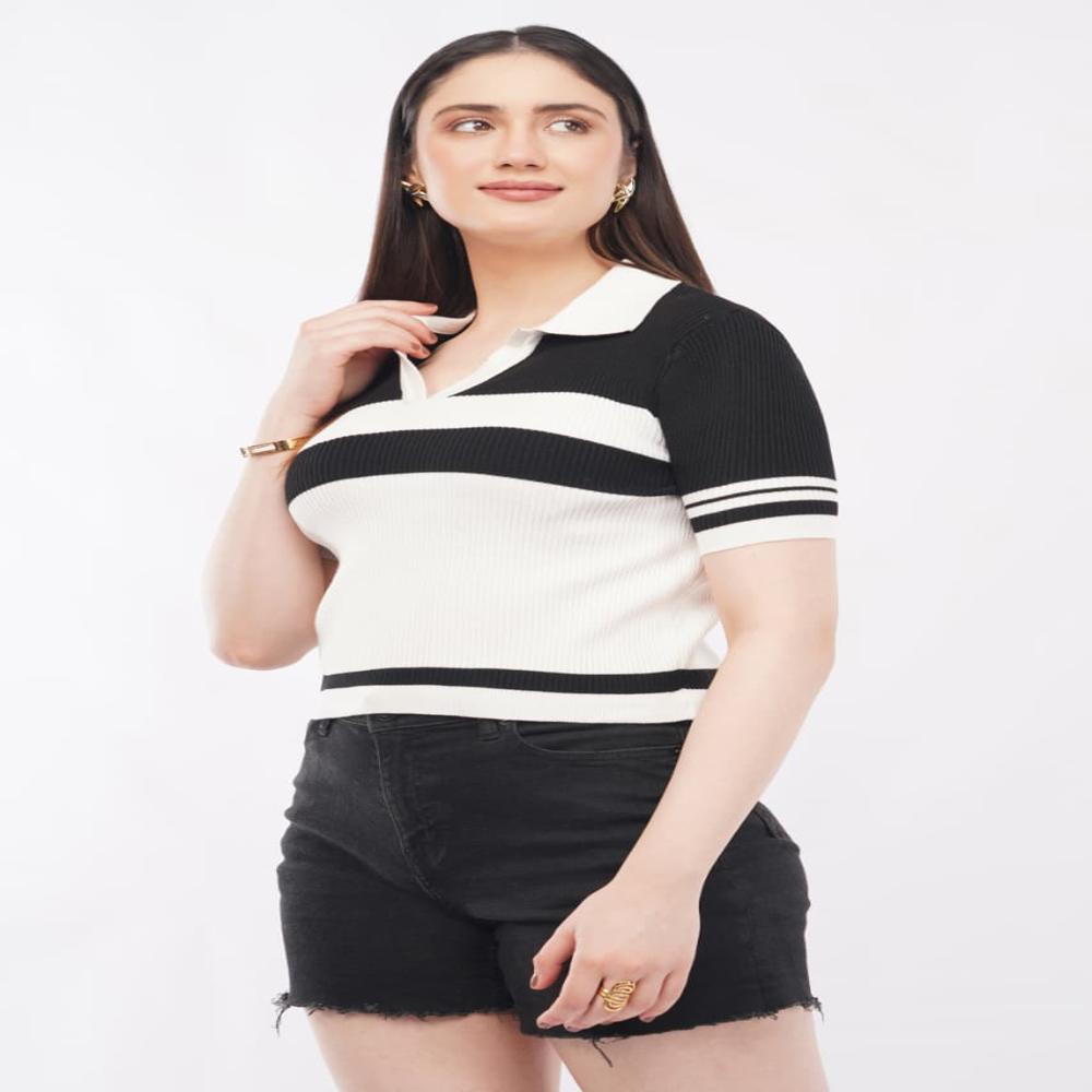 Ladies Striped Ribbed Knit Polo Top - Stylish Short Sleeve Women Casual  Top