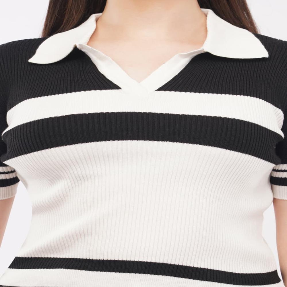 Ladies Striped Ribbed Knit Polo Top - Stylish Short Sleeve Women Casual  Top