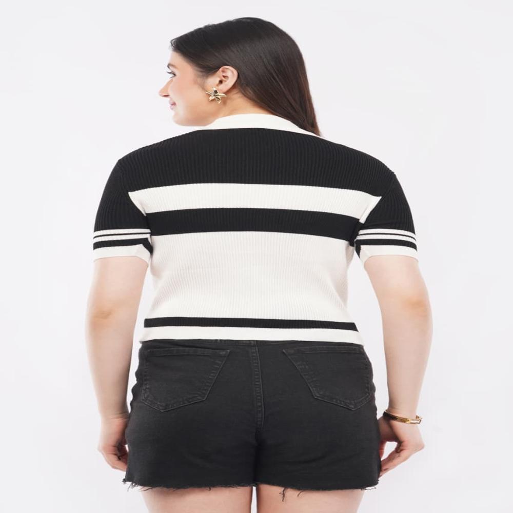 Ladies Striped Ribbed Knit Polo Top - Stylish Short Sleeve Women Casual  Top