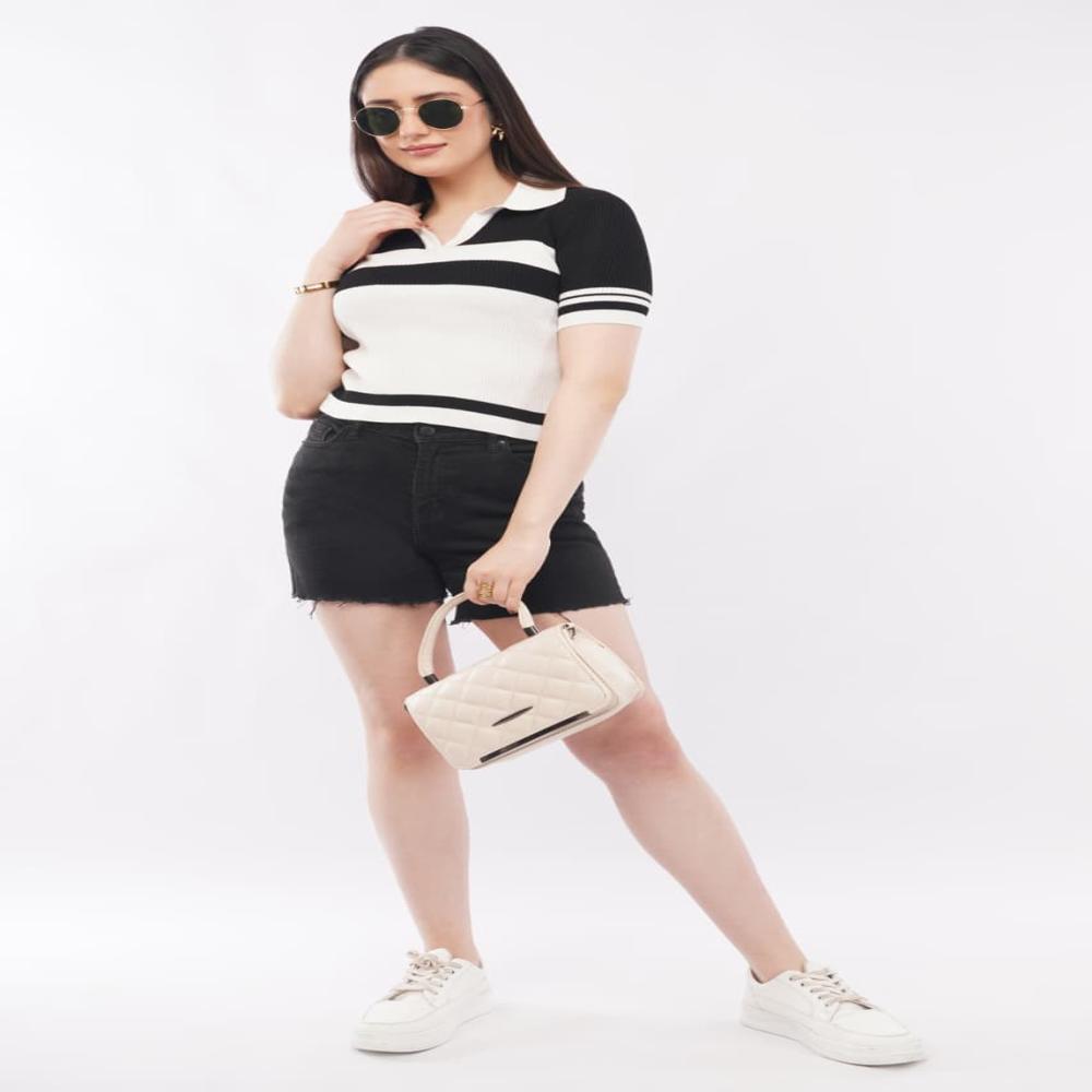 Ladies Striped Ribbed Knit Polo Top - Stylish Short Sleeve Women Casual  Top
