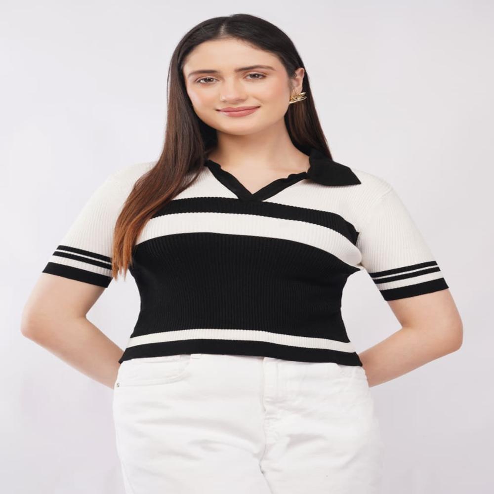 Ladies Contrast Striped Ribbed Knit Polo Top - Stylish Short Sleeve Women  Casual TOP