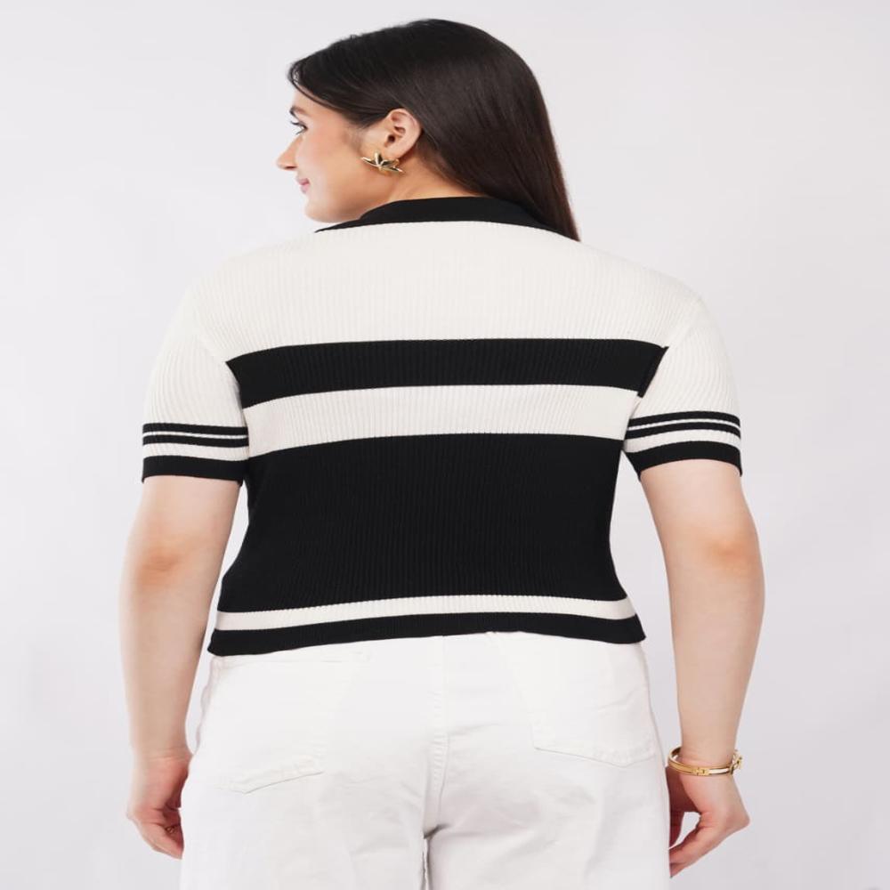 Ladies Contrast Striped Ribbed Knit Polo Top - Stylish Short Sleeve Women  Casual TOP