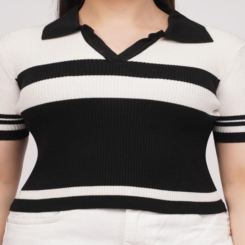 Ladies Contrast Striped Ribbed Knit Polo Top - Stylish Short Sleeve Women  Casual TOP