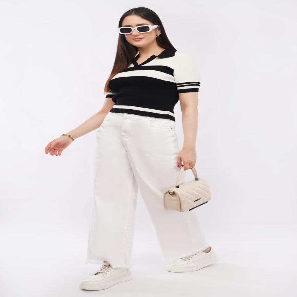 Ladies Contrast Striped Ribbed Knit Polo Top - Stylish Short Sleeve Women  Casual TOP