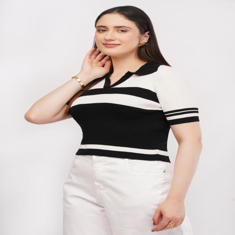 Ladies Contrast Striped Ribbed Knit Polo Top - Stylish Short Sleeve Women  Casual TOP