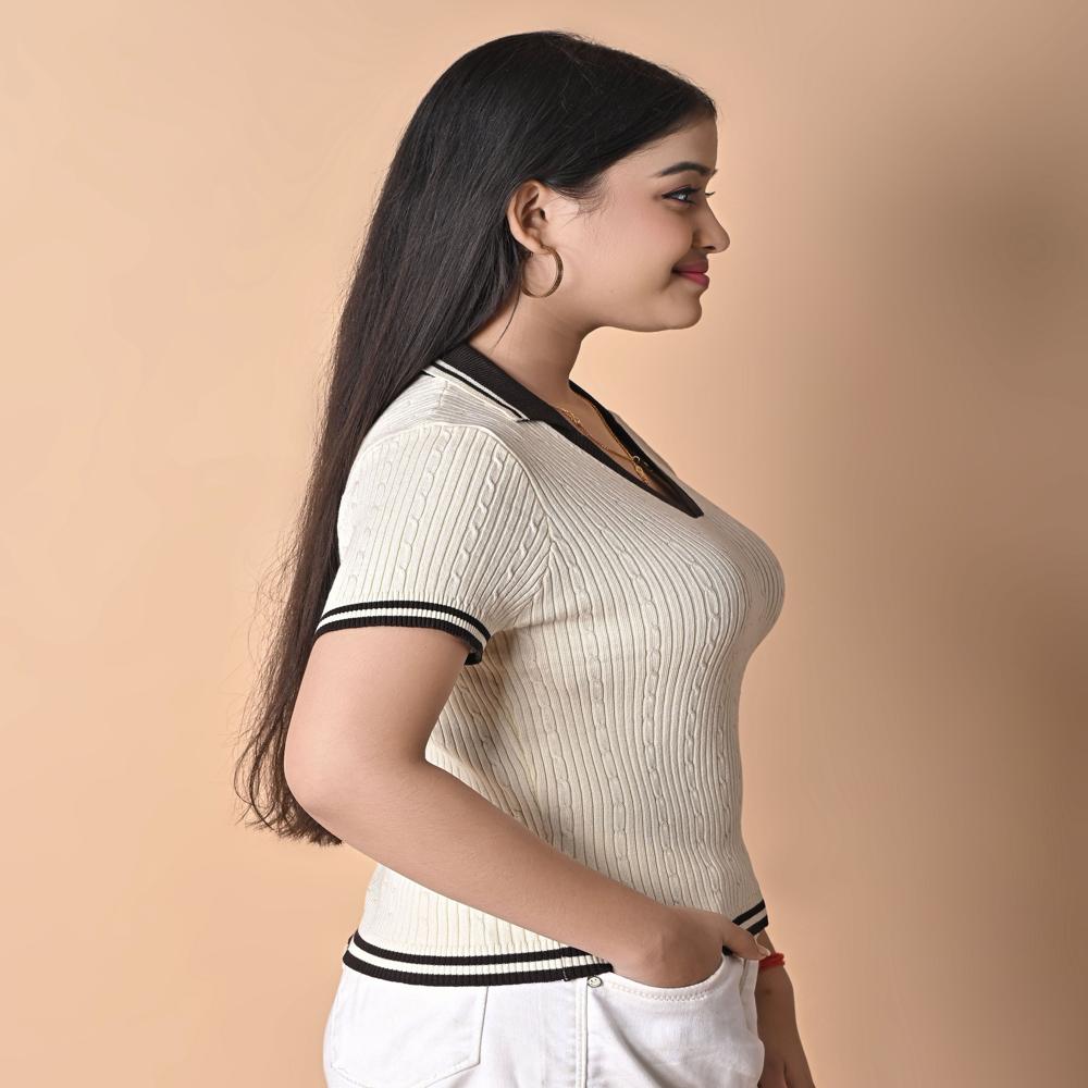 Ladies Ribbed Knit Polo Neck Crop TOP - Stylish Summer Casual Top For Women