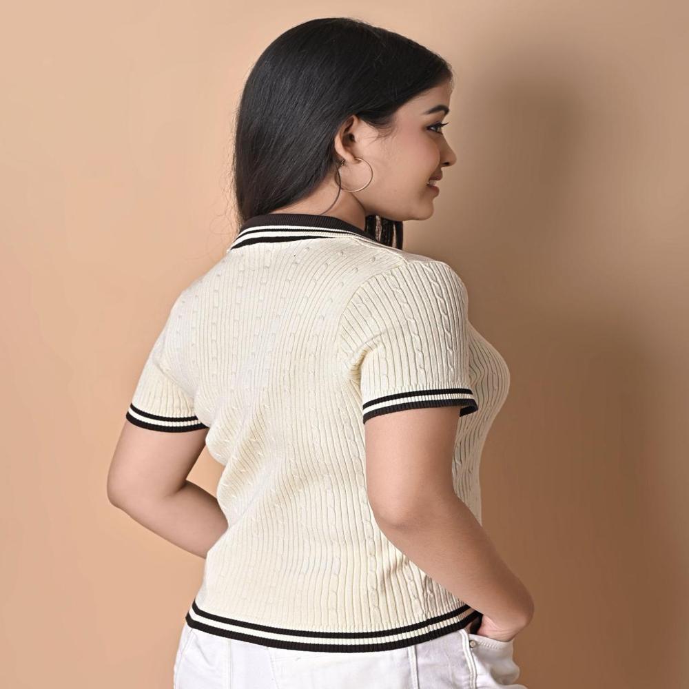 Ladies Ribbed Knit Polo Neck Crop TOP - Stylish Summer Casual Top For Women