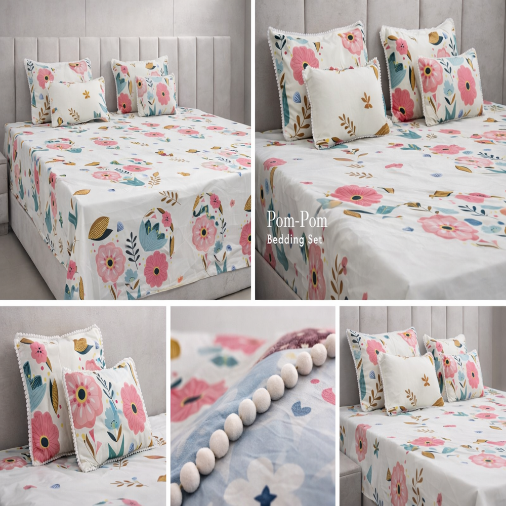 Pompom Double Bed Sheets - Design Type: Modern