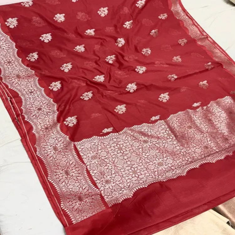 Red Banarasi Cotton Silk Sarees With Blouse Piece