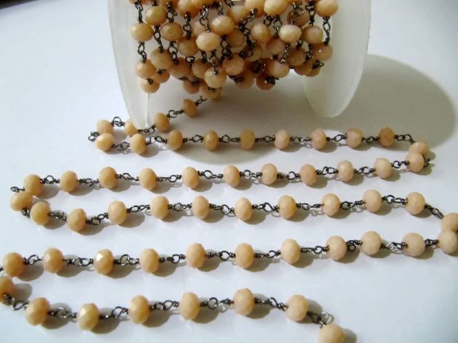 3 Feet- Pink Opal Quartz Rondelle Faceted Beaded Wire Wrapped Rosary Aati Chain 6mm Size