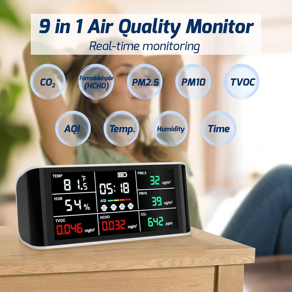 True Sense Air Quality Monitor Indoor 9 in 1 CO2 Monitor Formaldehyde Detector VOC Sensor AQI Index PM2.5 PM10, AQM-08