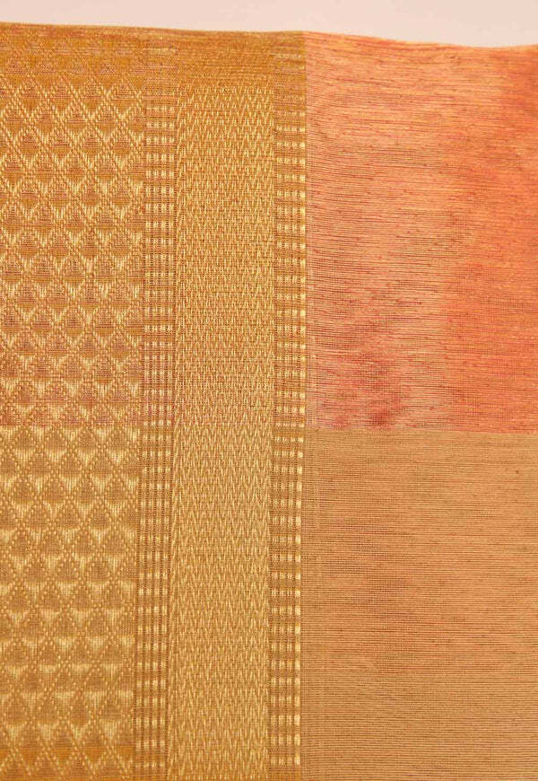 Metallic Peach Plain Maheshwari Saree with Golden Stripe Pallu
