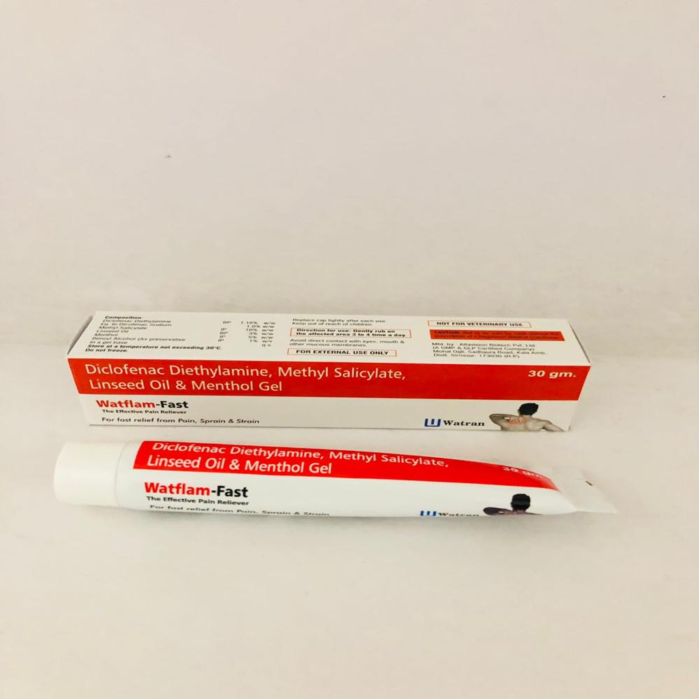 Diclofenac Diethylamine B.p. 1.16% W/w + Methyl Salicylate I.p. 10% W/w + Linseed Oil B.p. 3% W/w + Menthol I.p. 5% W/w - Brand Name: Watflam Fast Gel