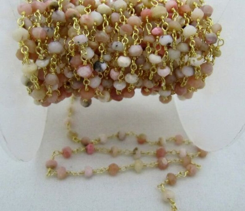 Natural Pink Opal Rondelle Faceted 3-4mm Size Beaded Opal Wire Wrapped Rosary Chain