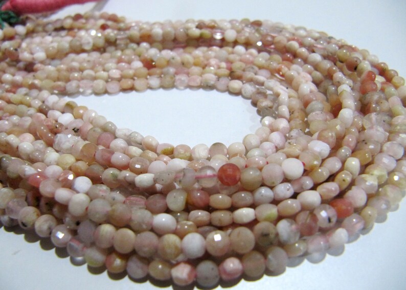 Natural Pink Opal Faceted Coin Shape Briolette Beads Size Exact 4mm Micro Size Strand 13 Inches Long