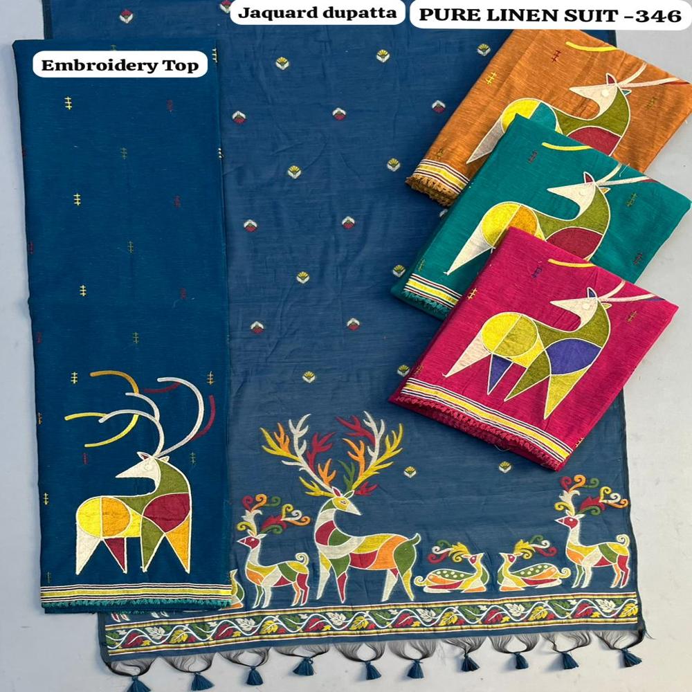 Premium 3 Piece Pure Linen Suit With Embroidery Work - Color: Blue