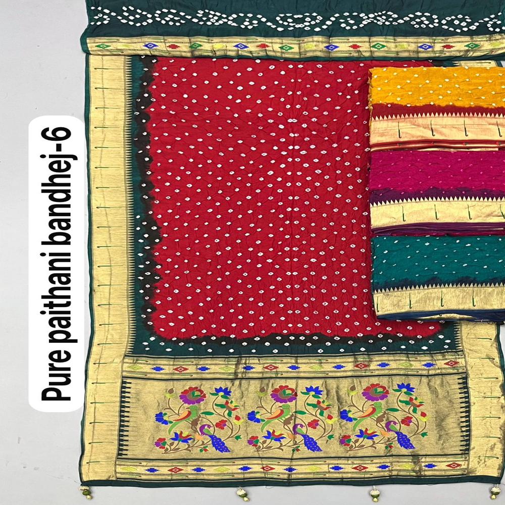 Viscose Paithani Bandhej Sarees - Color: Red