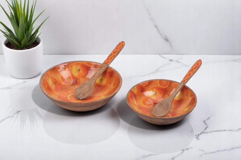 Handcrafted Wooden Mosaic Enamel Bowl Set of 2