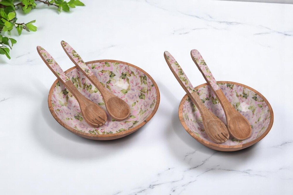 Wooden Serving Enamel Bowl (Set of 2)