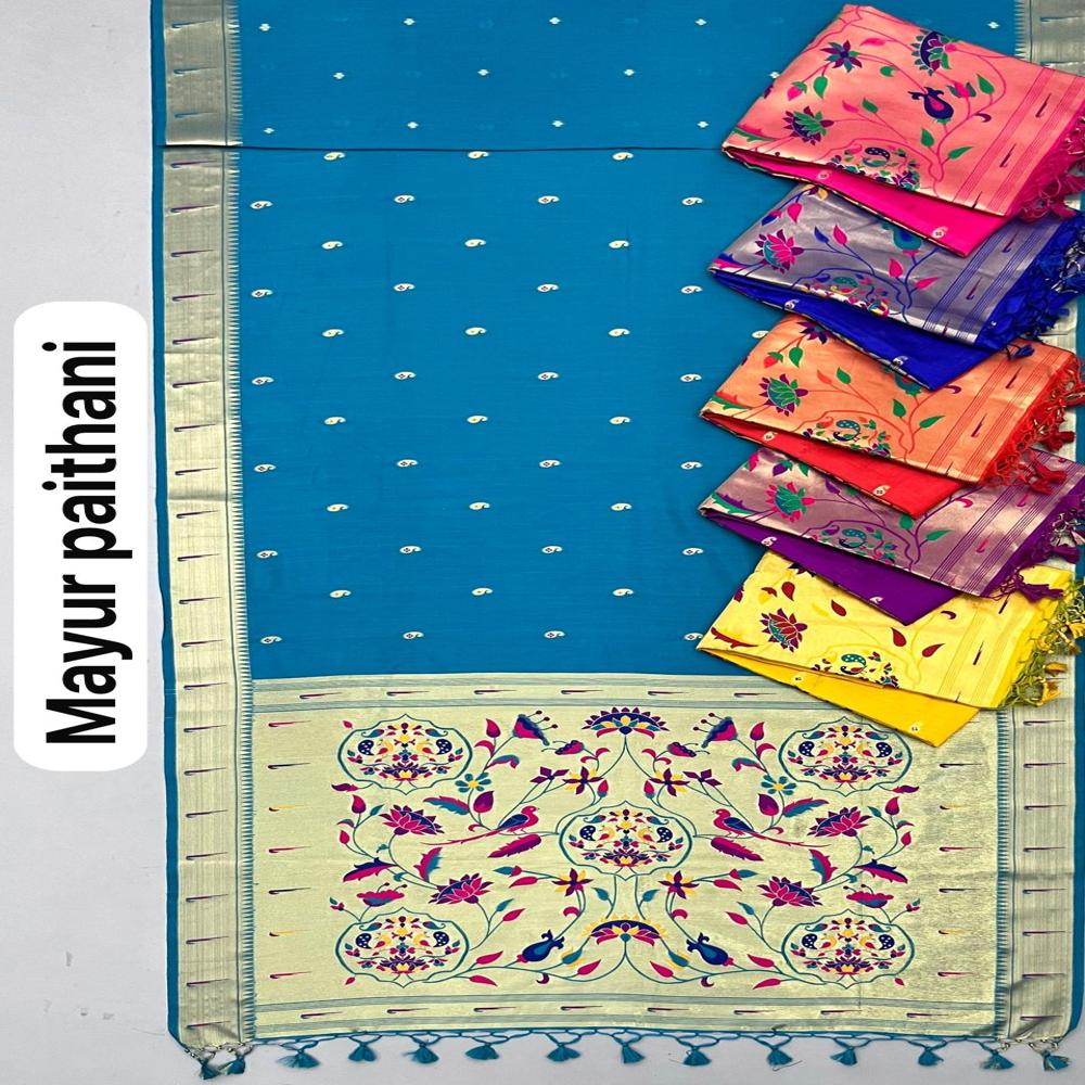 Premium Soft Raw Silk Weaving Paithani Sarees With Thread And Zari Work - Color: Firozi