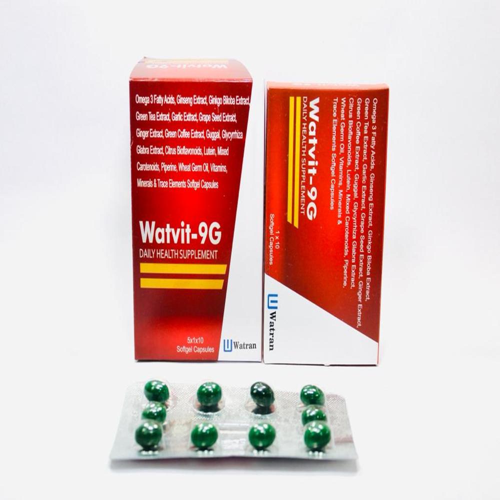 Ginseng, Green Tea Extract, Grape Seed Extract, Ginkgo Biloba,lycopene, Omega 3 Fatty Acids, Essential Amina Acids, Ginger,guggul, Vitamins, Minerals, Ethycobalamin, Trace Elementals, Benfotiamine, Calcium, Garlic Powder (softgel) Capsules - Brand Name: Watvit-9g