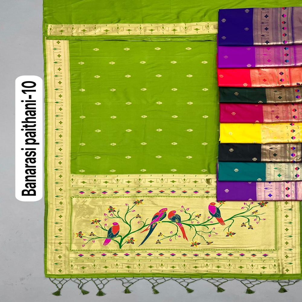 Premium Soft Banarasi Silk Paithani Weaving Saree - Color: Mehandi