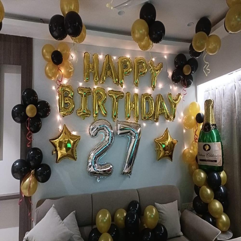 Black & Gold Birthday Party Decoration Set with Champagne Balloons