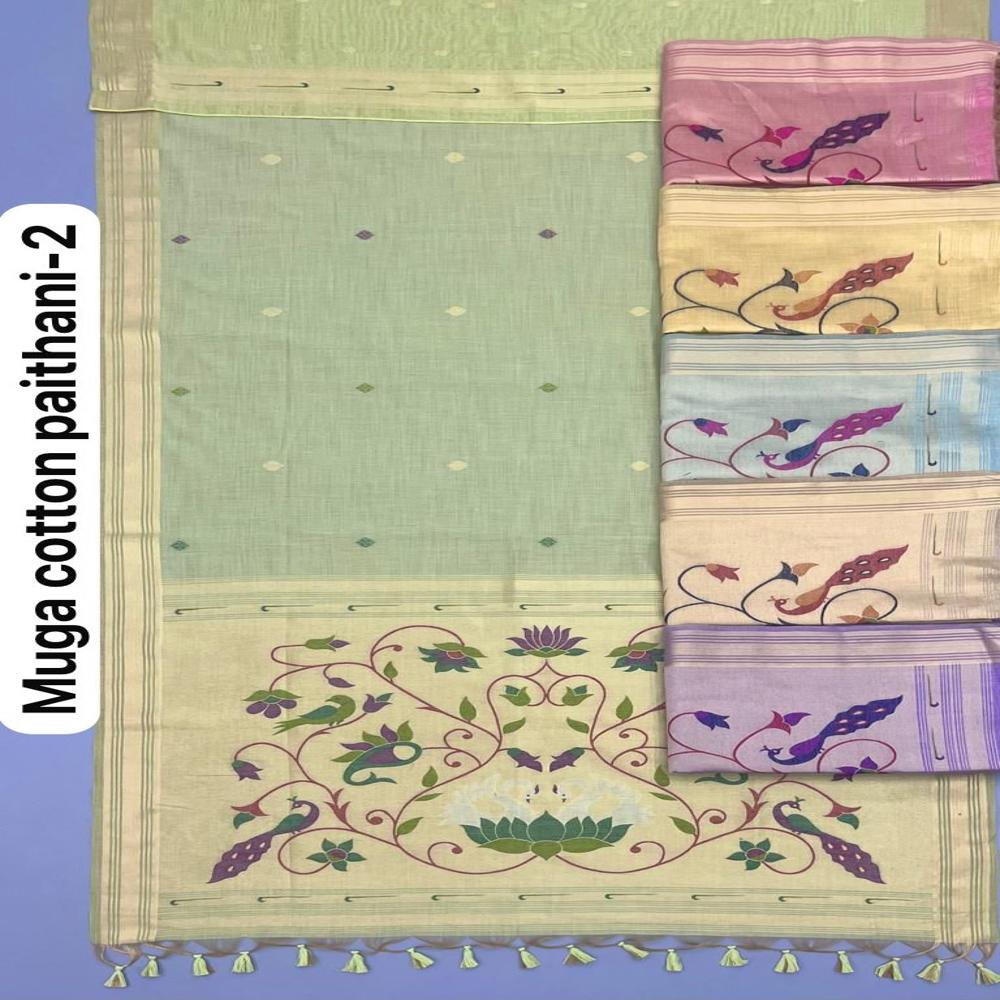 Womens Wear Smart Casual Muga Cotton Weaving Paithani Sarees - Color: Green