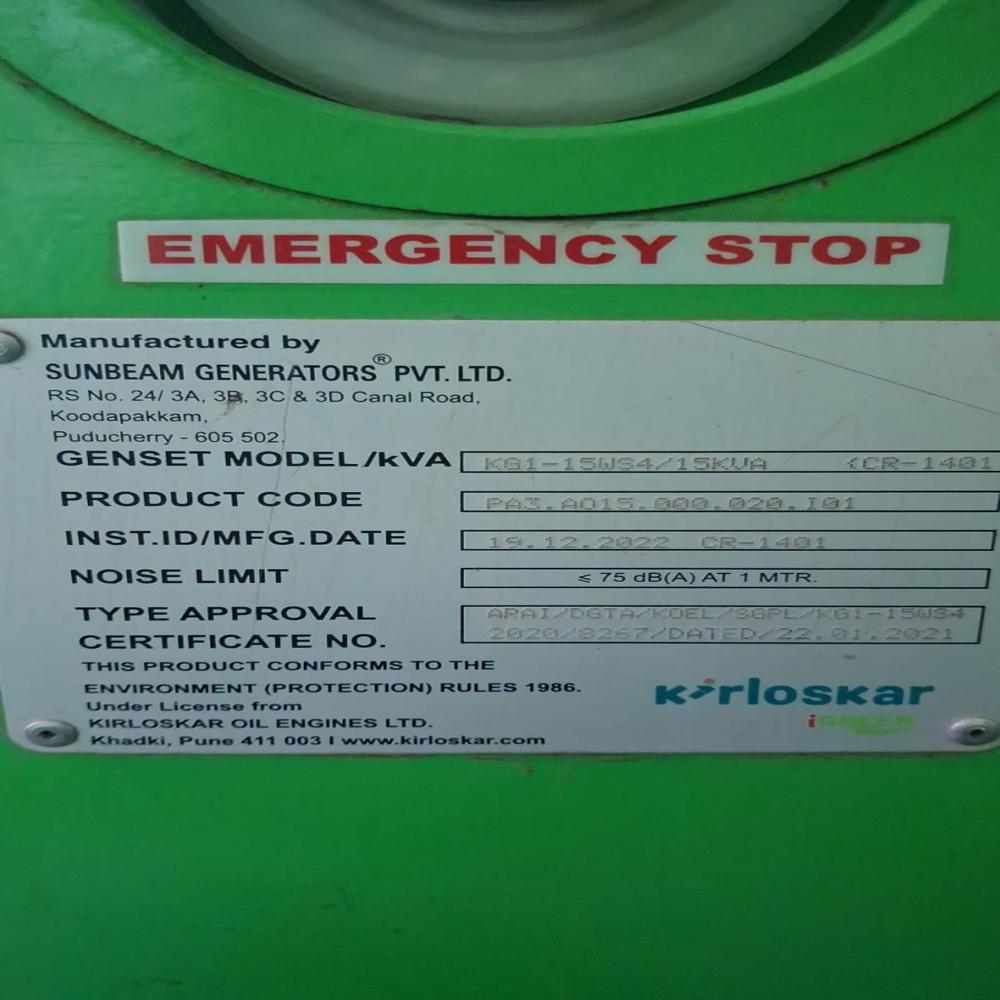 15KVA Kirlosker 2022 model Used Generator