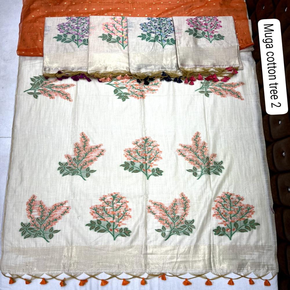 PREMIUM OFF WHITE MUGA COTTON WEAVING SAREES WITH FLOREL PATTERN