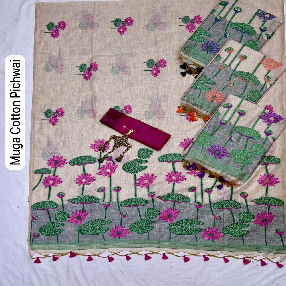 PREMIUM OFF WHITE MUGA COTTON SAREES WITH WEAVING PICHWAI PATTERN